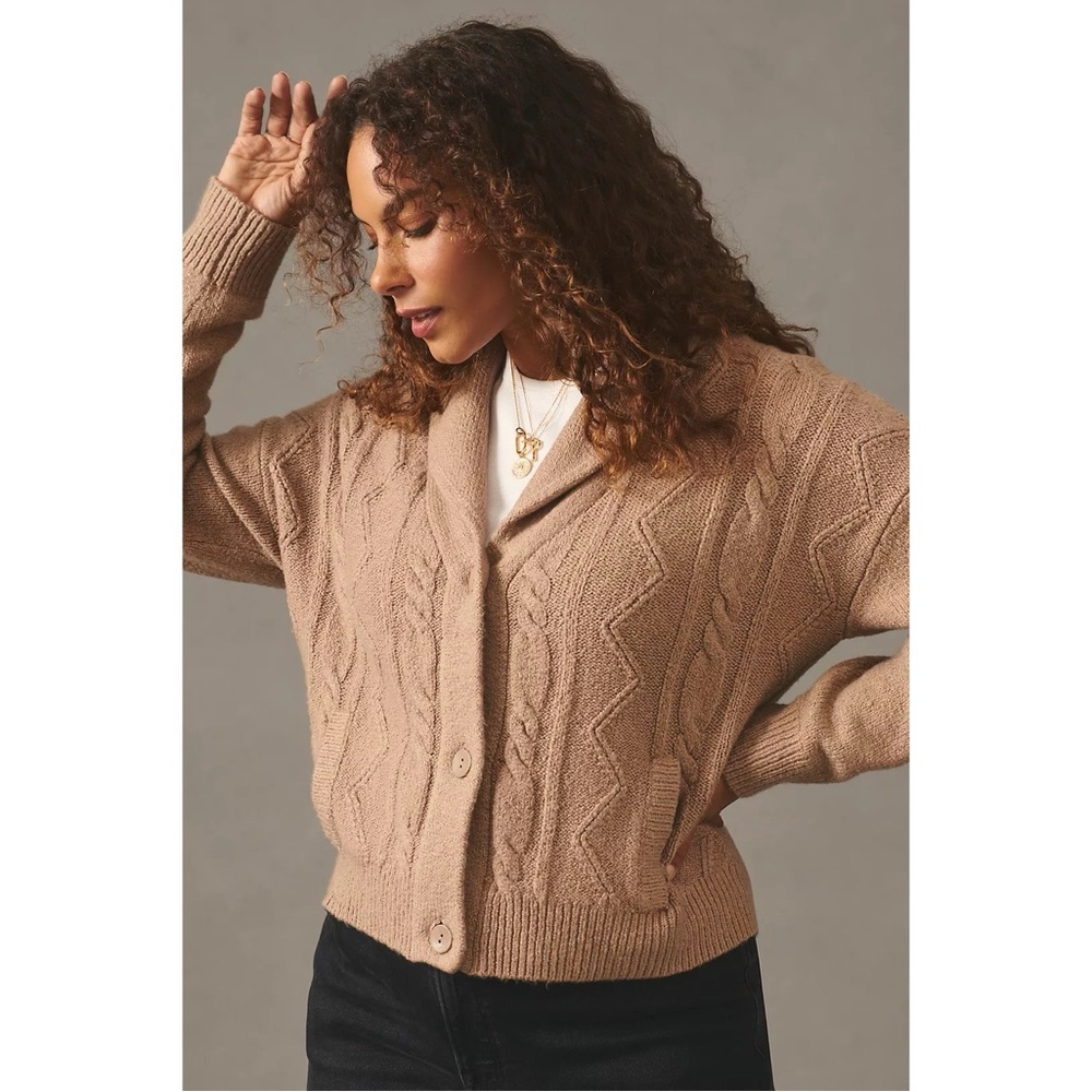 Anthropologie Pilcro Cropped & Collared Cable-Knit Cardigan Sweater Taupe Brown